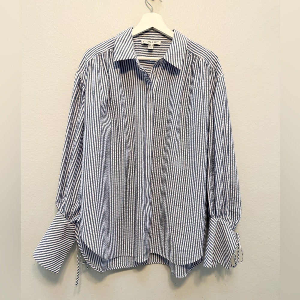 Shona Joy Roberta oversized tie cuff balloon sleeve top in blue and white stripe - Picture 2 of 10